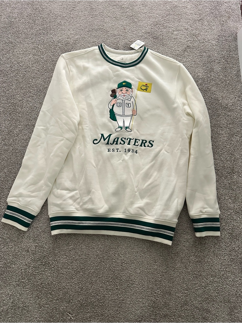 Masters Cream Crewneck Sweatshirt with Green Trim and Embroidered Mascot